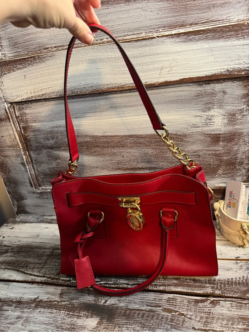 Michael Kors Red Saffiano Satchel with Gold-Tone Lock